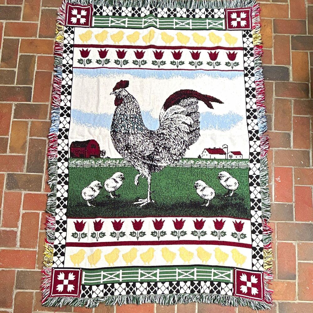 Rooster & Chicks Farm Country Woven Cotton Fringed Throw Blanket 48 x 68 in